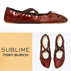 TORY BURCH SUBLIME PEEP TOE MARY JANE PATENT LEATHER CRISSCROSS BALLET FLATS